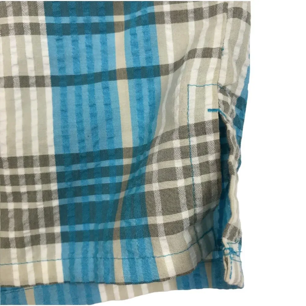 PATAGONIA Puckerware Plaid Short Sleeve Shirt Men M Blue Classic Crinkle Resort